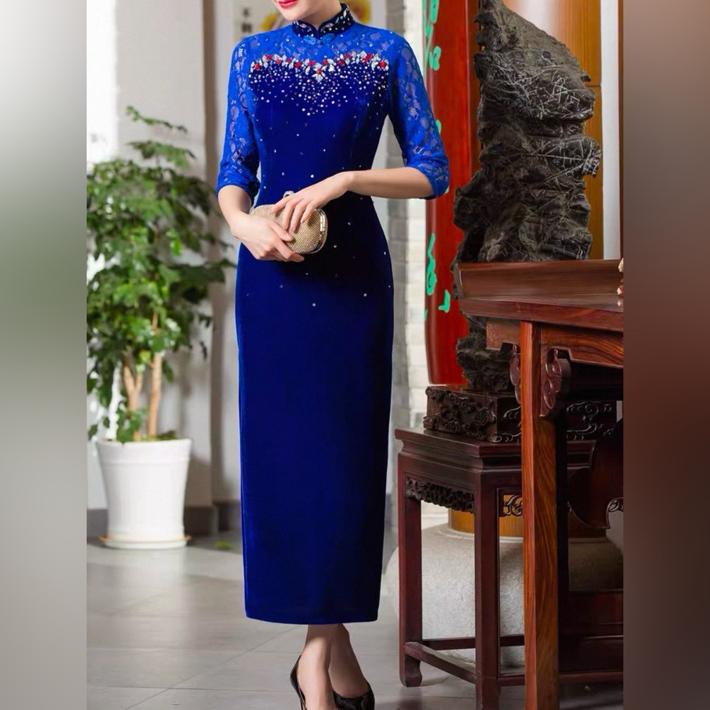 Elegant Blue Velvet with Bead Embellishments Cheongsam Qipao Dress